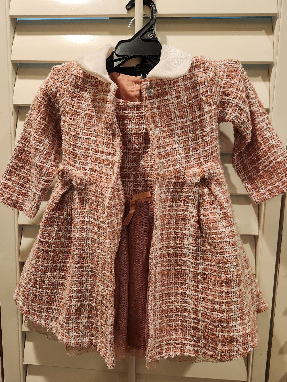 Girls' Pink Tweed Coat with Velvet Collar & Matching Dress, Size 2T
